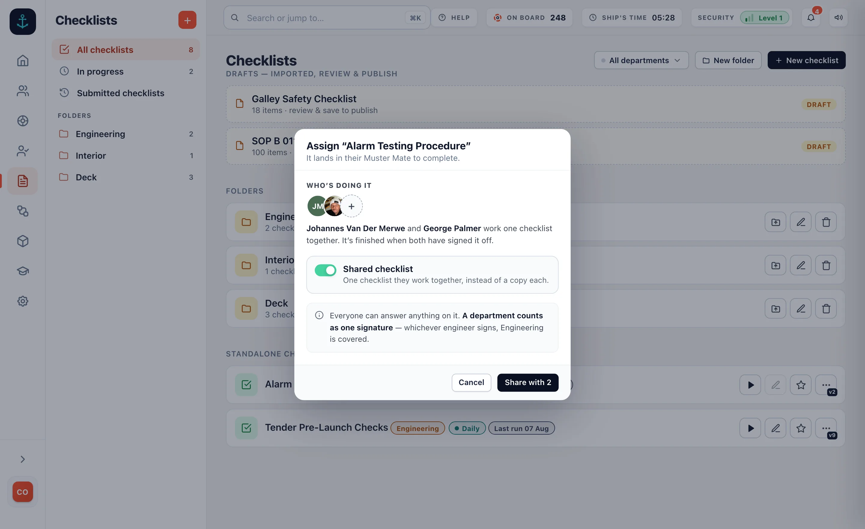 Assigning a checklist in the admin: two engineers picked, a shared checklist switch turned on, and a note that everyone can answer anything and a department counts as one signature.