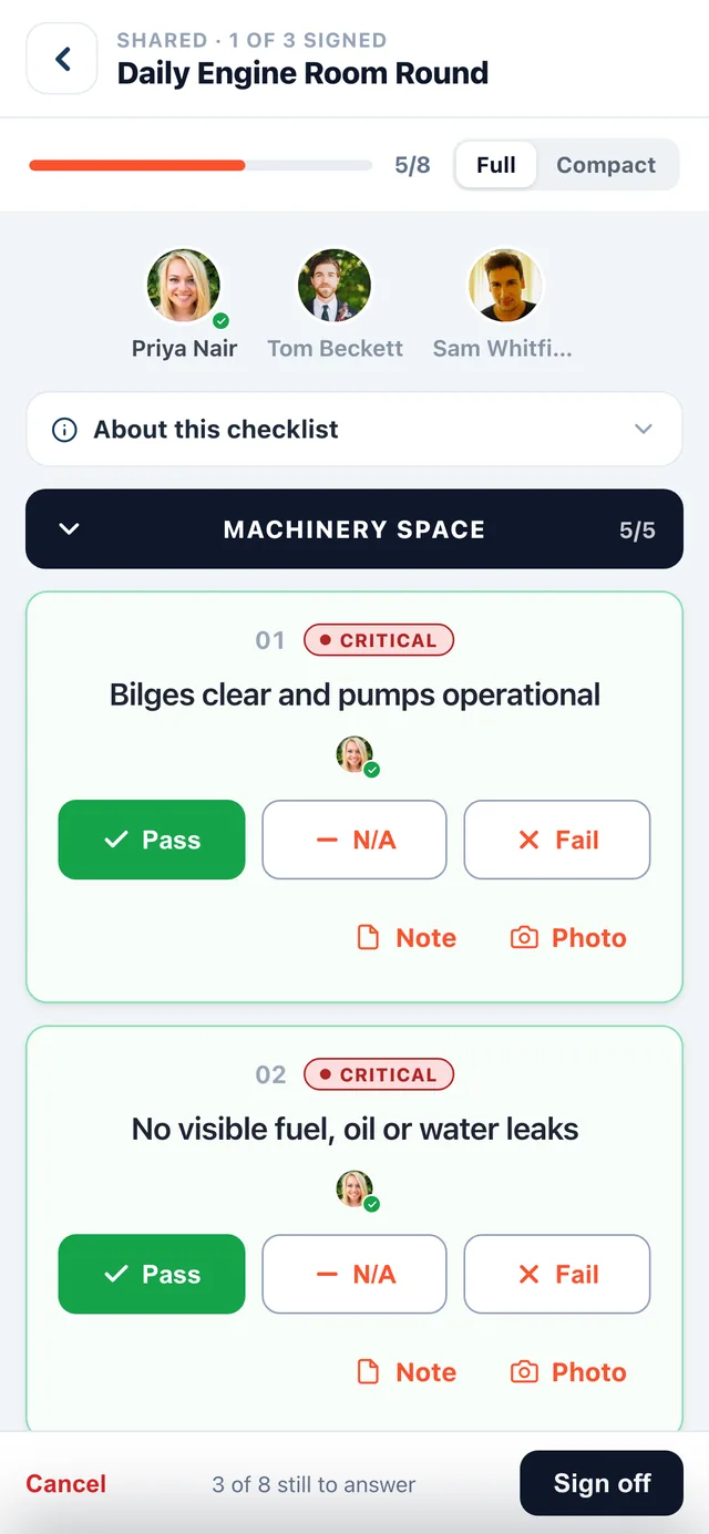 A shared Daily Engine Room Round in Muster Mate: three crew faces at the top with a tick on the one who has signed, five of eight answered, and each answered item carrying the face of who answered it.