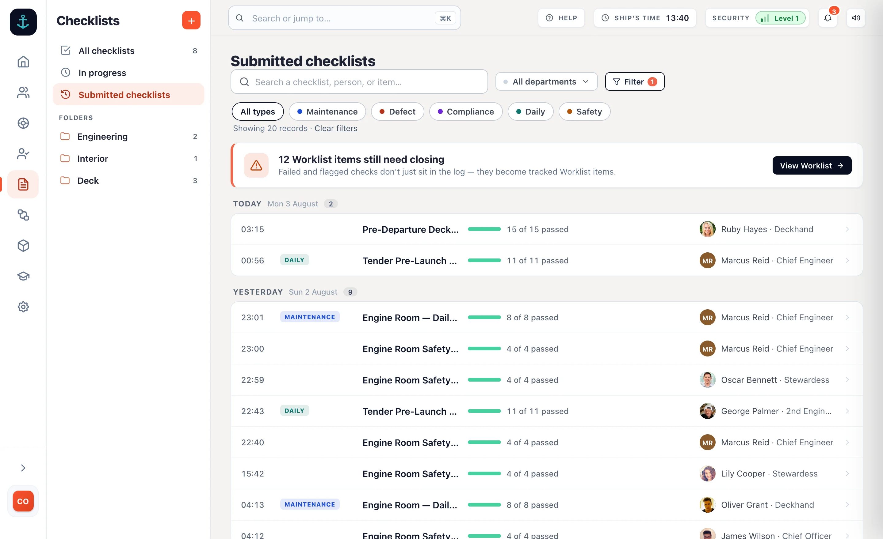 Submitted checklists in the admin, newest first, each row showing the time, the checklist, the crew member and rank who completed it, and whether any critical item failed.