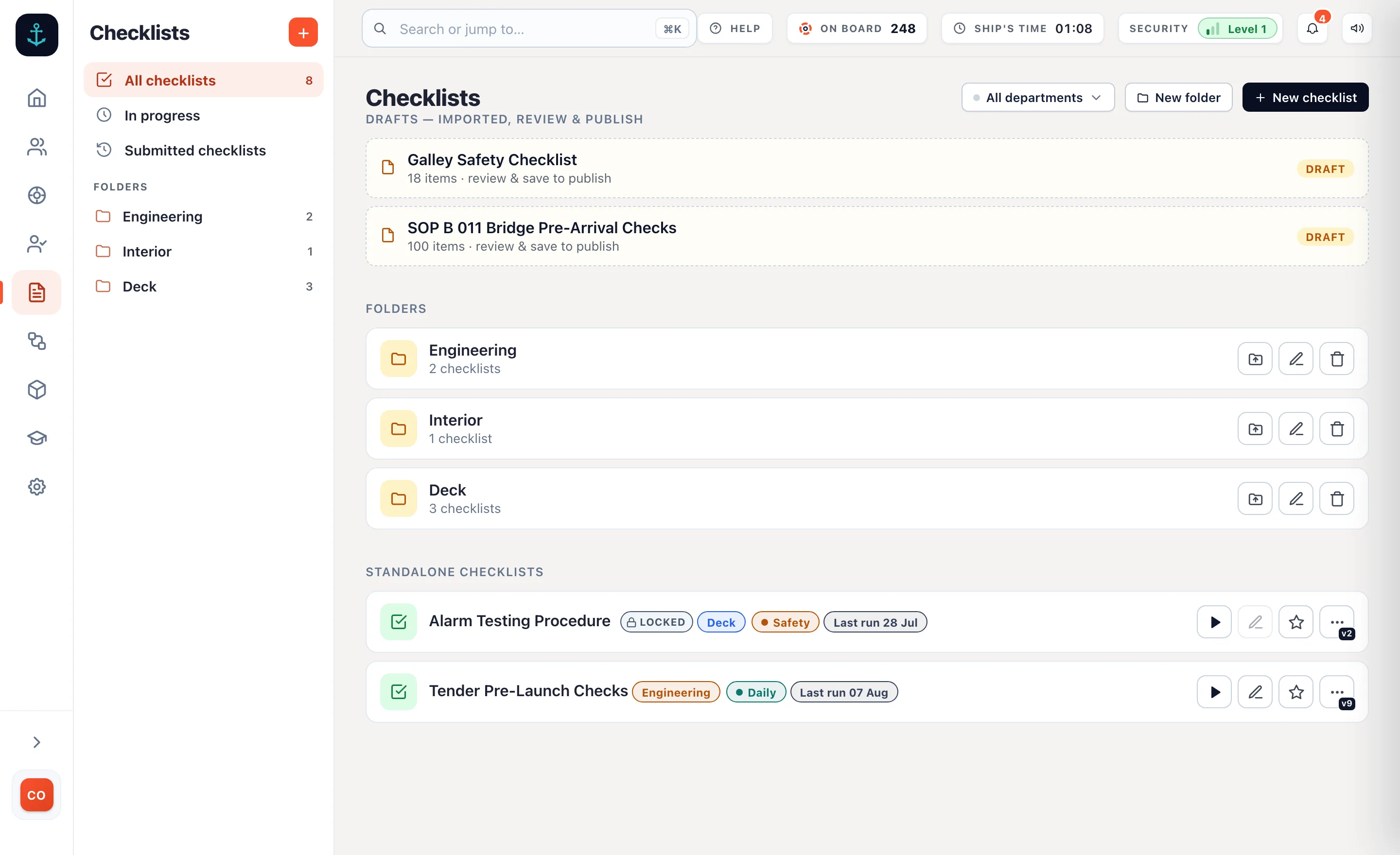 Checklists in the admin: two imported checklists waiting as drafts to review and publish, folders for Engineering, Interior and Deck, and standalone checklists tagged by department and frequency.