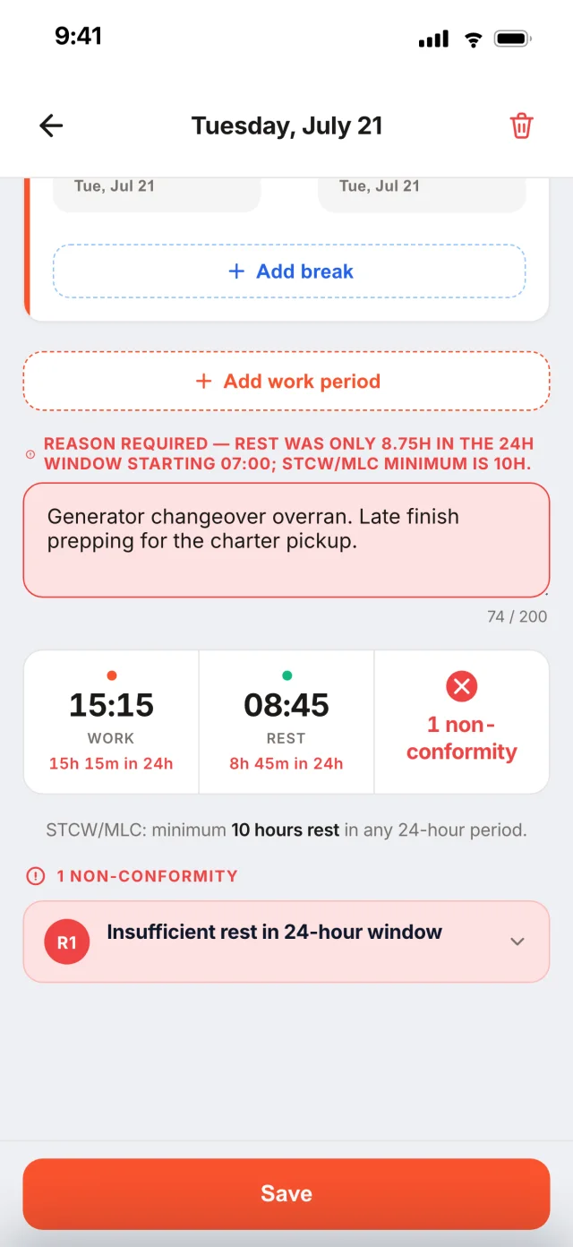 Muster Mate showing one day&rsquo;s rest entry on a crew phone with a rest rule breach flagged, naming the rule and the 24-hour window it applies to.
