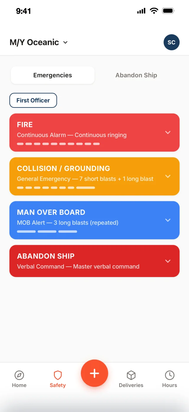 A crew member&rsquo;s own muster duties in Muster Mate: their station, what they are responsible for, and the alarm signal for that emergency.