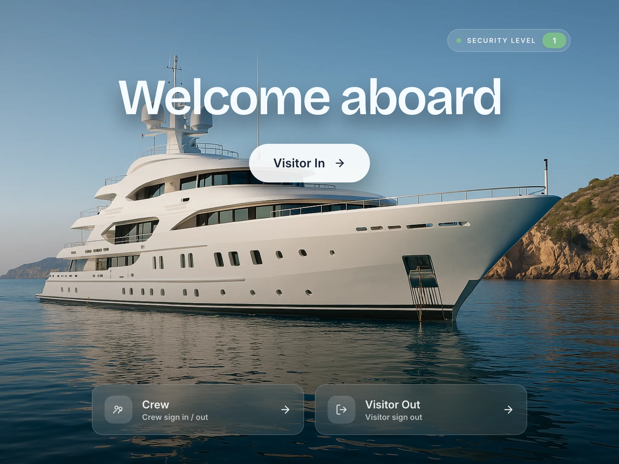 The iPad welcome screen at the gangway: the vessel name, the current ISPS security level, and the buttons a visitor or crew member uses to sign in and out.